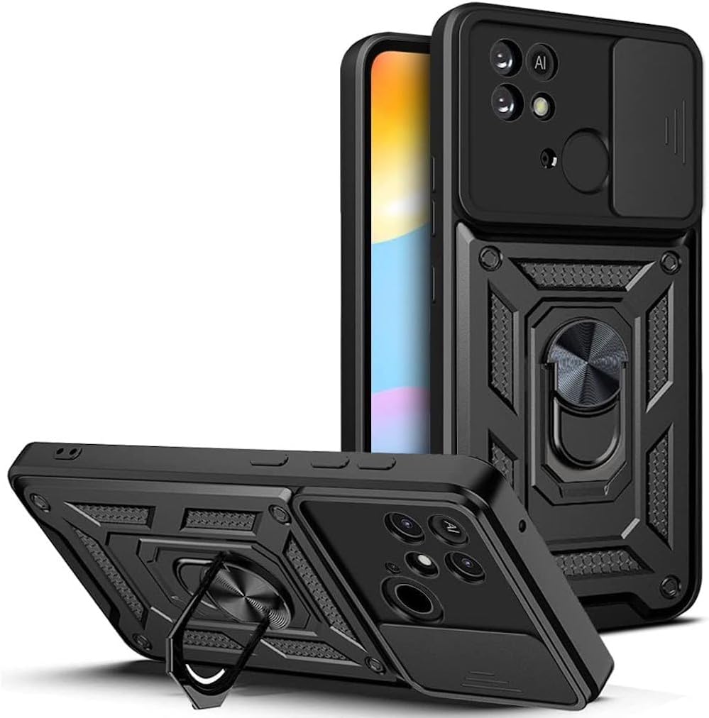 Movilear Funda Carcasa Armor para Xiaomi Redmi 10C 4G, Antigolpes Cubierta de Camara Deslizante para Proteger con Soporte Giratorio de Anillo Color Negro Armadura Antigolpes FANA