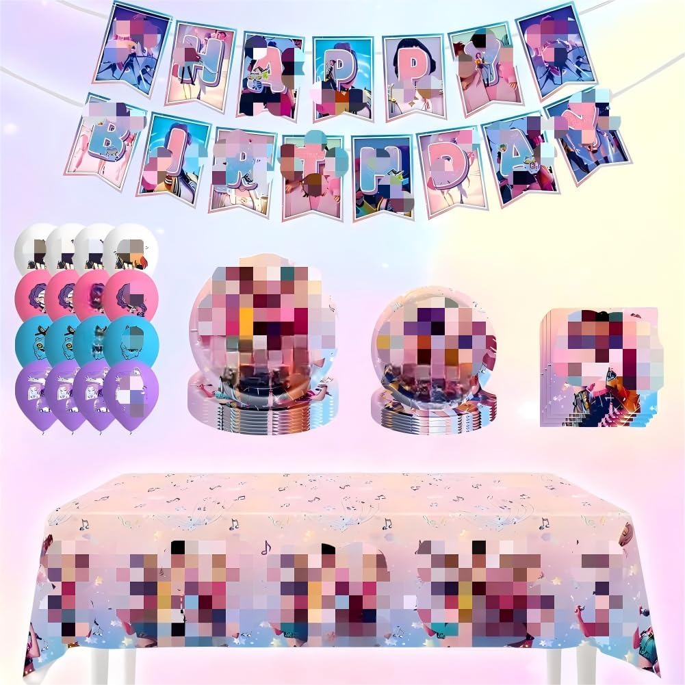 60 Piezas guerreras kpop cumpleaños,Bandera de cumpleaños de las con globos, pancarta de anime Vajilla Fiesta (B)