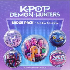 Chapas K-POP Pack 5 Insignias Huntrix | Pines con Rumi, Mira, Zoey y Derpy The Mascot Tiger | Botones 38 mm y 25 mm con Pasador de Seguridad